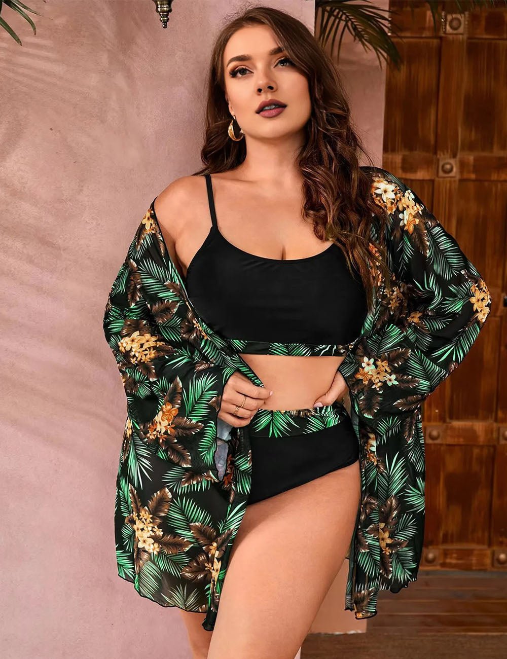 Women Plus Size Three Piece Long Sleeve Blouse Bikini Set - PRUSES
