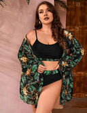 Women Plus Size Three Piece Long Sleeve Blouse Bikini Set - PRUSES