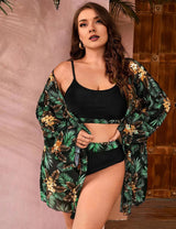 Women Plus Size Three Piece Long Sleeve Blouse Bikini Set - PRUSES