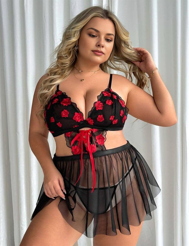 Women Plus Size Three - Point Lace Embroidery Lingerie - PRUSES