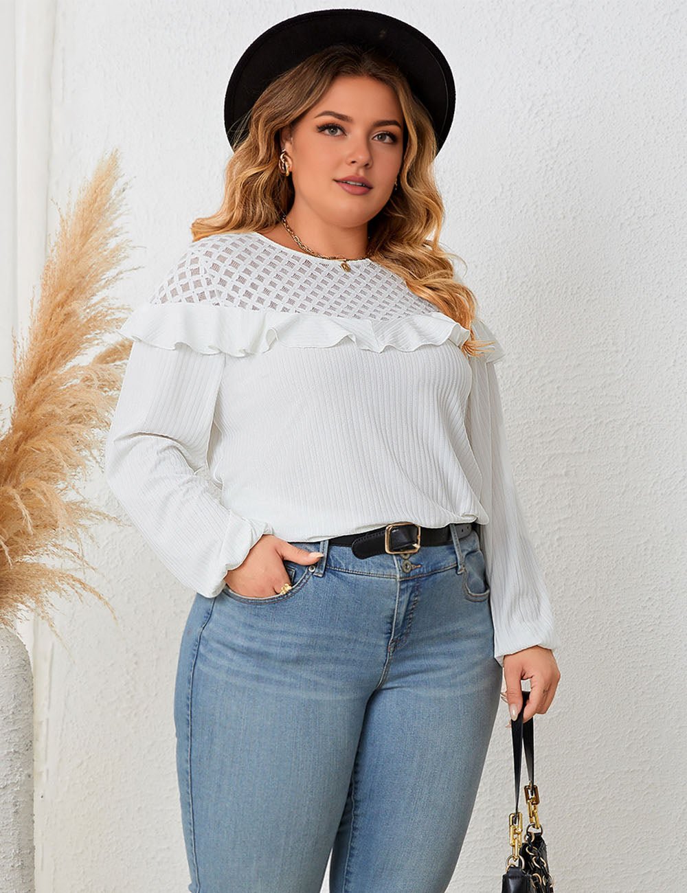 Women Plus Size Tie Back Ruffles Long Sleeve Knitted Blouse | PRUSES - PRUSES