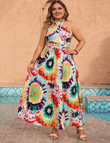 Plus Size Tie-Dye Halter Neck Vacation Maxi Dress