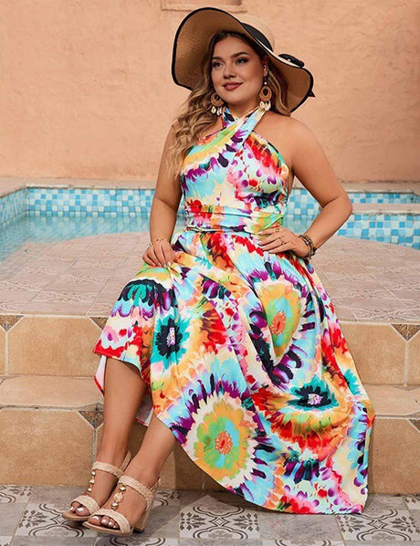 Plus Size Multicolor Tie-Dye Halter Neck Vacation Maxi Dress