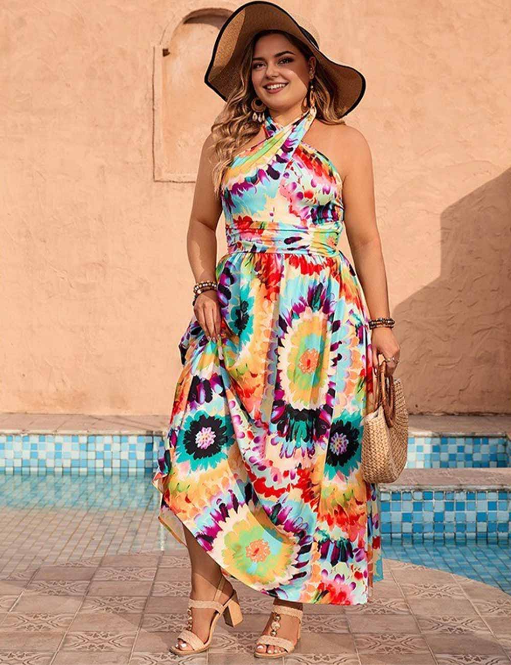 Plus Size Boho Tie-Dye Halter Neck Vacation Maxi Dress
