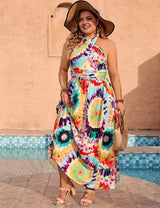Plus Size Boho Tie-Dye Halter Neck Vacation Maxi Dress