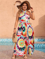 Plus Size Summer Tie-Dye Halter Neck Vacation Maxi Dress