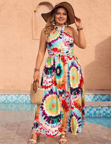 Plus Size Summer Tie-Dye Halter Neck Vacation Maxi Dress