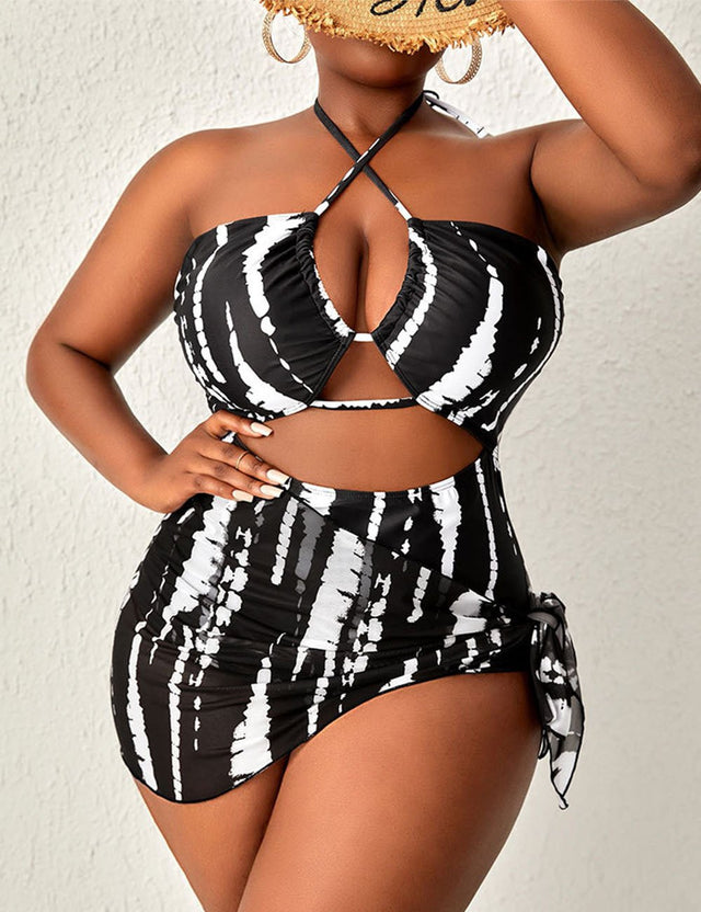 Women Plus Size Tie Dye Halter One Piece Swimsuit With Beach Skirt - PRUSES