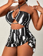 Women Plus Size Tie Dye Halter One Piece Swimsuit With Beach Skirt - PRUSES