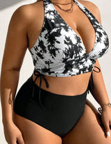 Women Plus Size Tie - Dye Halter Top And Solid Color Bottom Bikini Set - PRUSES