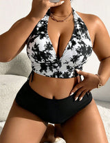 Women Plus Size Tie - Dye Halter Top And Solid Color Bottom Bikini Set - PRUSES