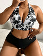Women Plus Size Tie - Dye Halter Top And Solid Color Bottom Bikini Set - PRUSES