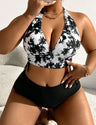 Women Plus Size Tie - Dye Halter Top And Solid Color Bottom Bikini Set - PRUSES
