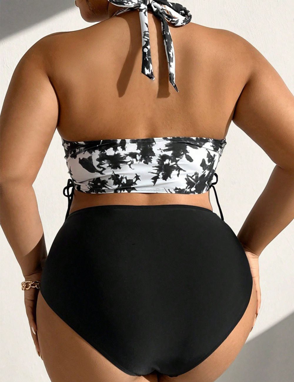 Women Plus Size Tie - Dye Halter Top And Solid Color Bottom Bikini Set - PRUSES