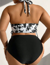 Women Plus Size Tie - Dye Halter Top And Solid Color Bottom Bikini Set - PRUSES