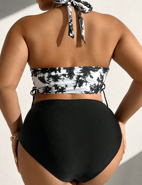 Women Plus Size Tie - Dye Halter Top And Solid Color Bottom Bikini Set - PRUSES