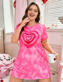 Women Plus Size Pink Tie-Dye Heart Print Short Sleeve Nightgown