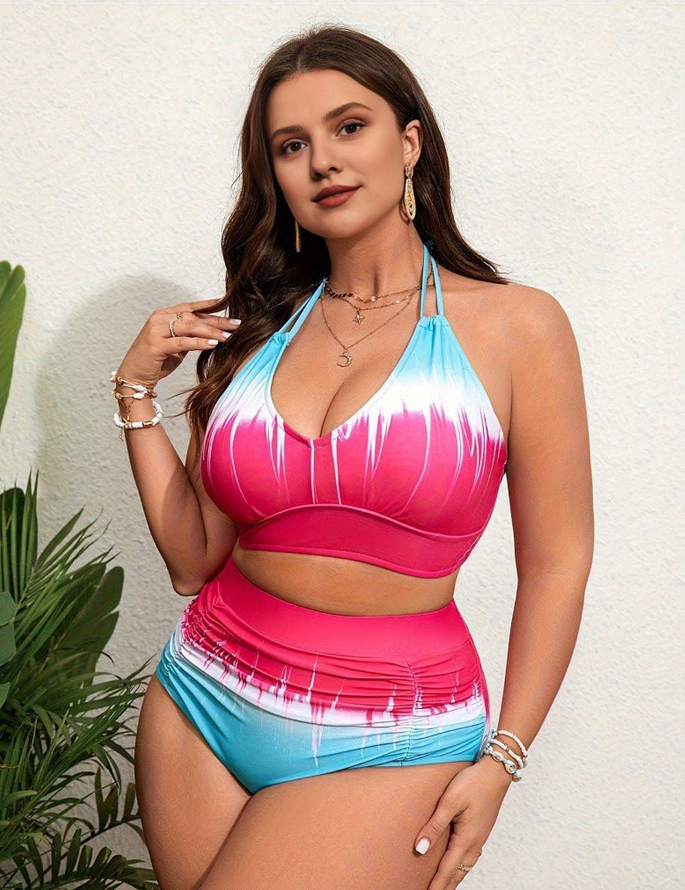Women Plus Size Tie - Dye Printed High - Waist Bikini Set | PRUSES - PRUSES