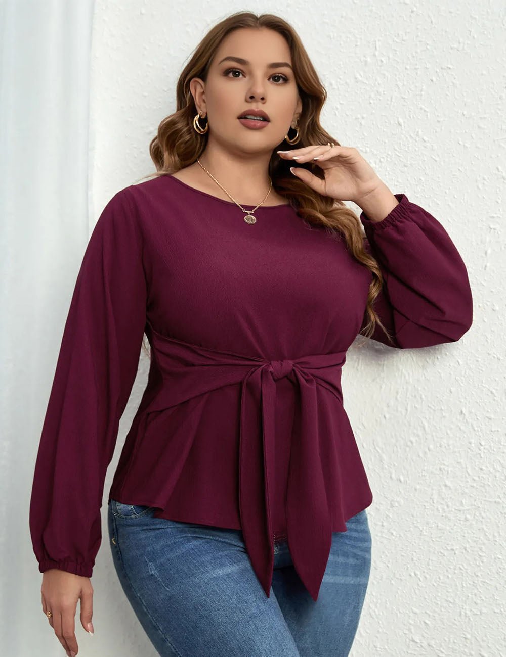 Women Plus Size Tie Front Long Sleeve Shirt | PRUSES - PRUSES