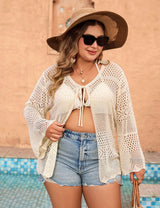 Women Plus Size Tie Front Pointelle Knit Cardigan - PRUSES