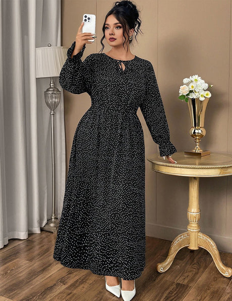Women Plus Size Tie - Neck Polka Dot Printed Maxi Dress - PRUSES