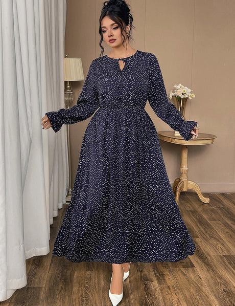 Women Plus Size Tie - Neck Polka Dot Printed Maxi Dress - PRUSES