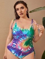Women Plus Size Tie Shoulder One Piece Swimsuit - PRUSES