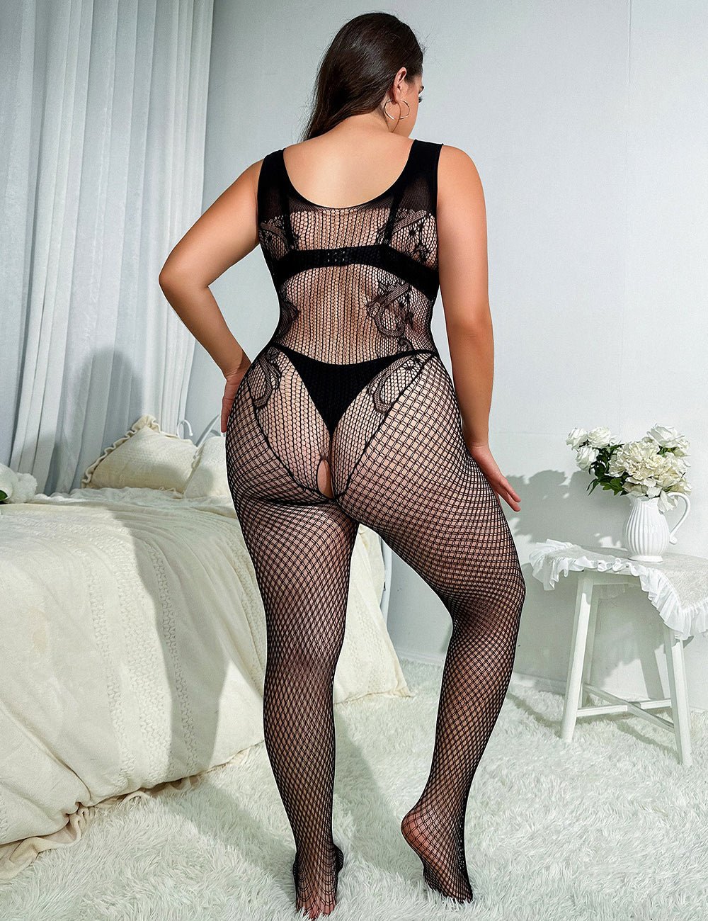 Women Plus Size Tight Fitting Fishnet Romper Hollow Bodystockings | PRUSES - PRUSES