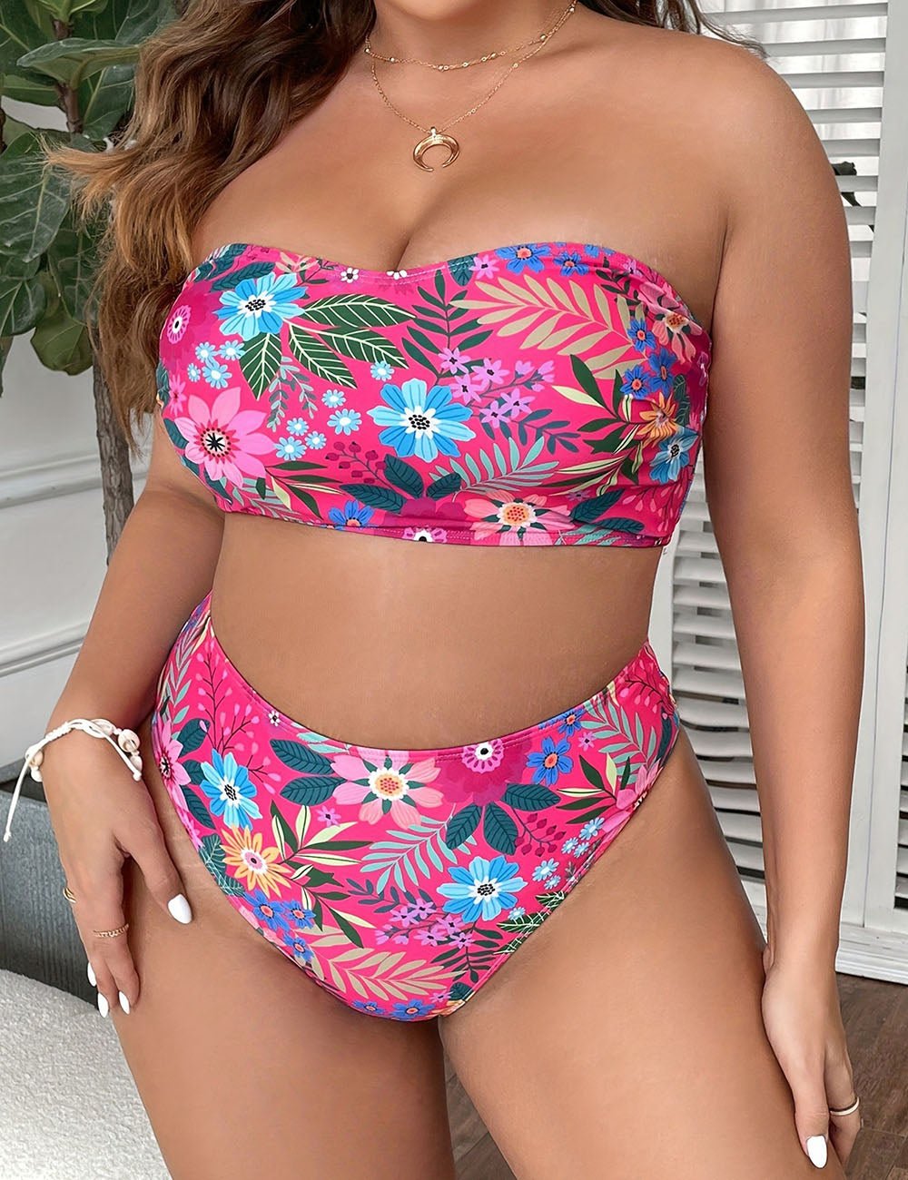 Women Plus Size Tropical Print Bandeau Bikini Set - PRUSES