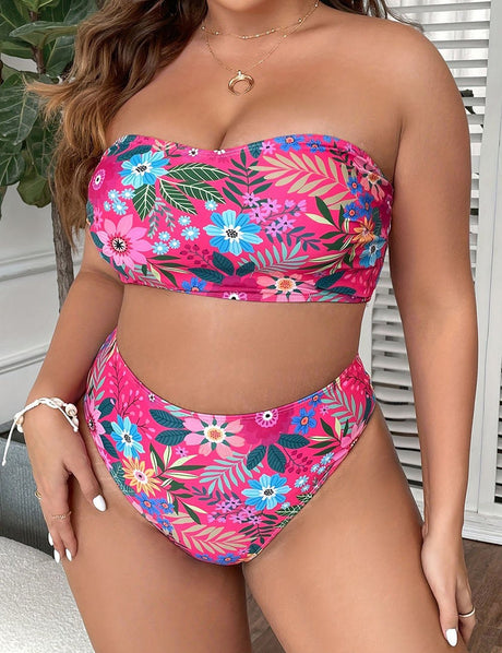 Women Plus Size Tropical Print Bandeau Bikini Set - PRUSES