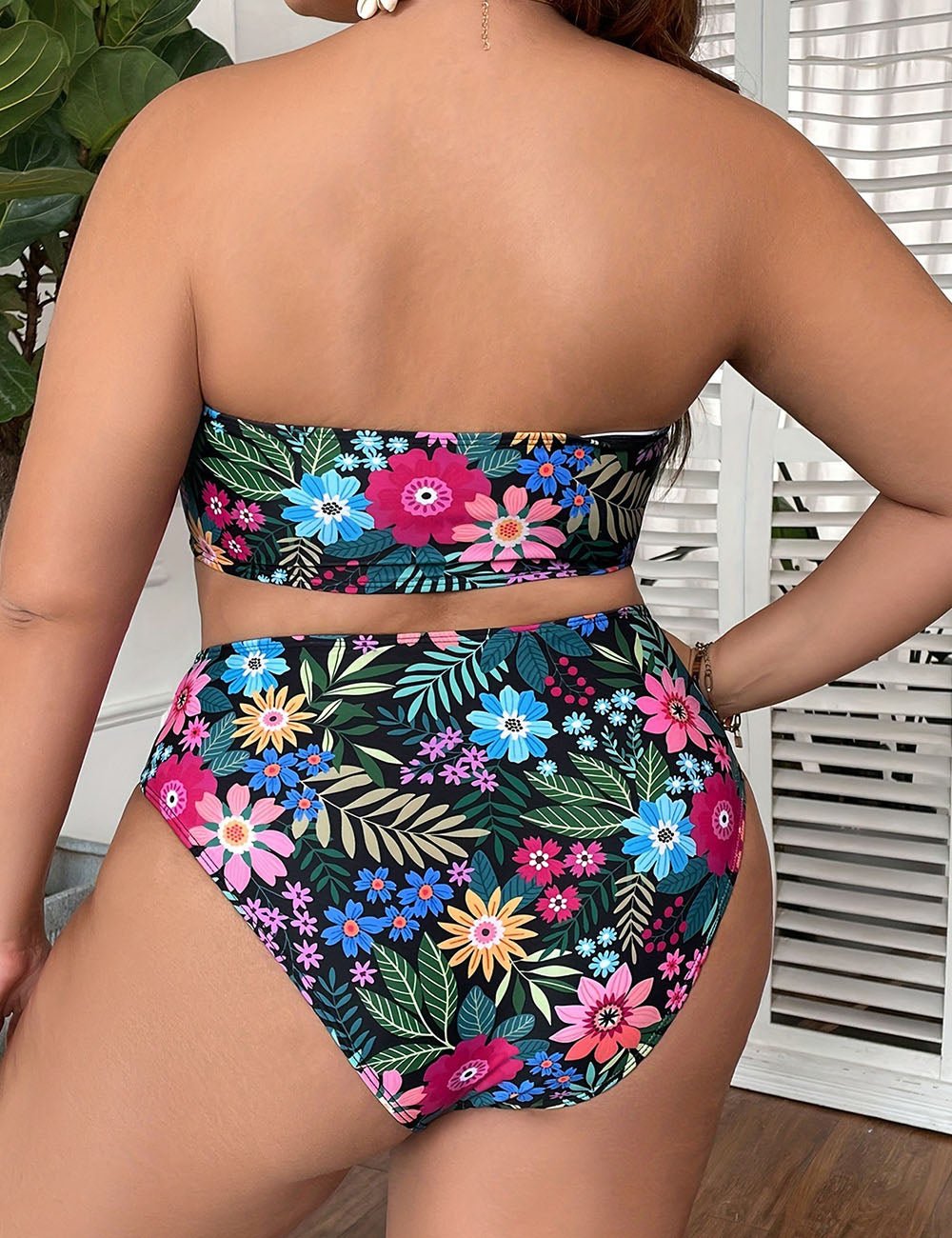 Women Plus Size Tropical Print Bandeau Bikini Set - PRUSES