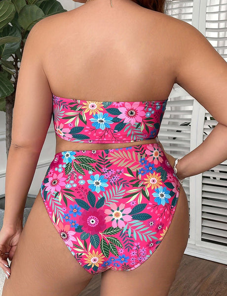 Women Plus Size Tropical Print Bandeau Bikini Set - PRUSES