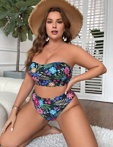 Women Plus Size Tropical Print Bandeau Bikini Set - PRUSES