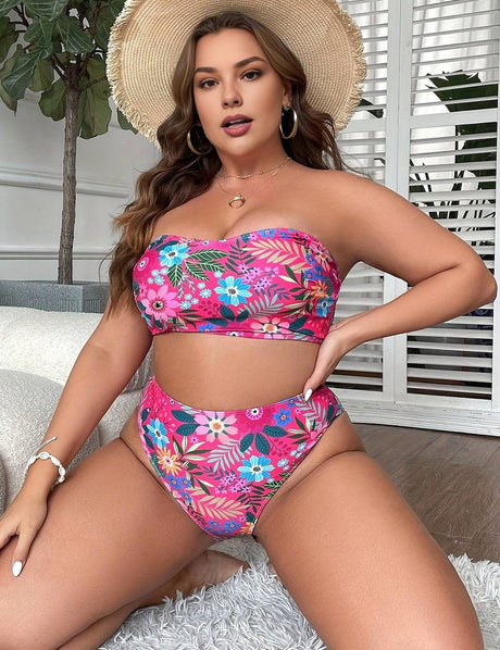 Women Plus Size Tropical Print Bandeau Bikini Set - PRUSES