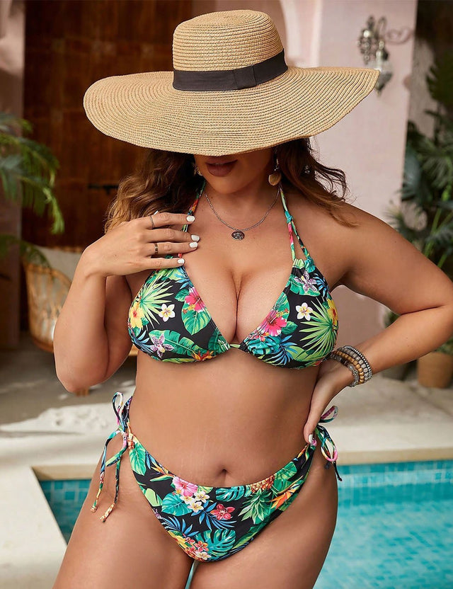 Women Plus Size Tropical Print Halter Triangle Bikini Set - PRUSES