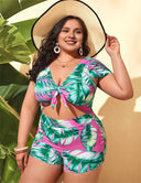 Women Plus Size Tropical Print One - Piece Swimsuit with Knot - PRUSES