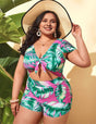Women Plus Size Tropical Print One - Piece Swimsuit with Knot - PRUSES