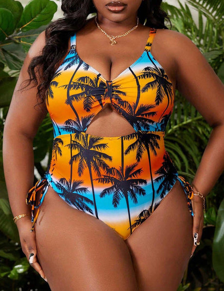 Women Plus Size Tropical Printed One - Piece Swimsuit  - PRUSES
