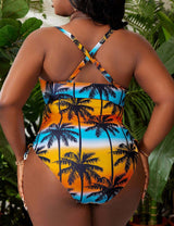 Women Plus Size Tropical Printed One - Piece Swimsuit  - PRUSES