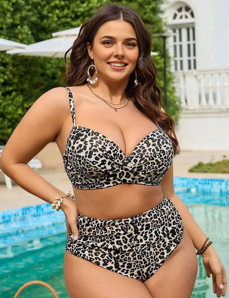 Women Plus Size Two - Piece Bikini Leopard Print Swimsuit - PRUSES