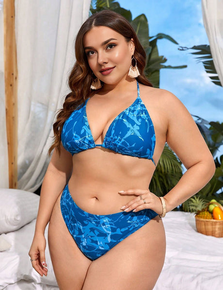 Women Plus Size Two Piece Bikini with Cover Up Blue - PRUSES