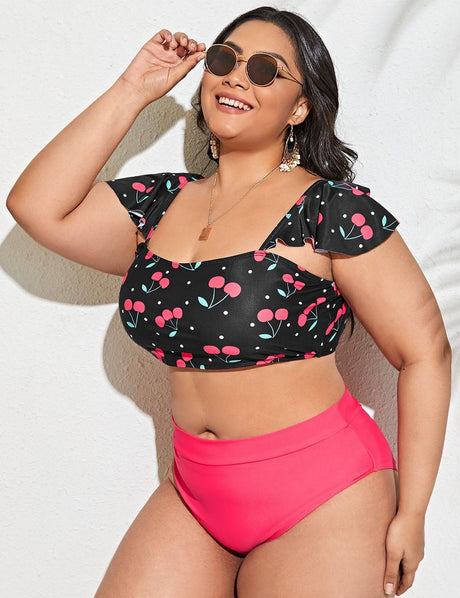 Women Plus Size Two - Piece Cherry Print Bikini - PRUSES