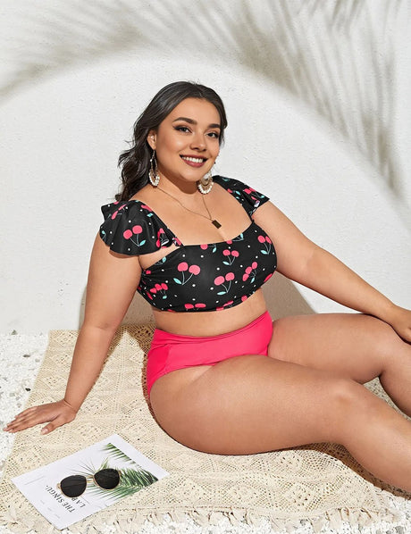 Women Plus Size Two - Piece Cherry Print Bikini - PRUSES