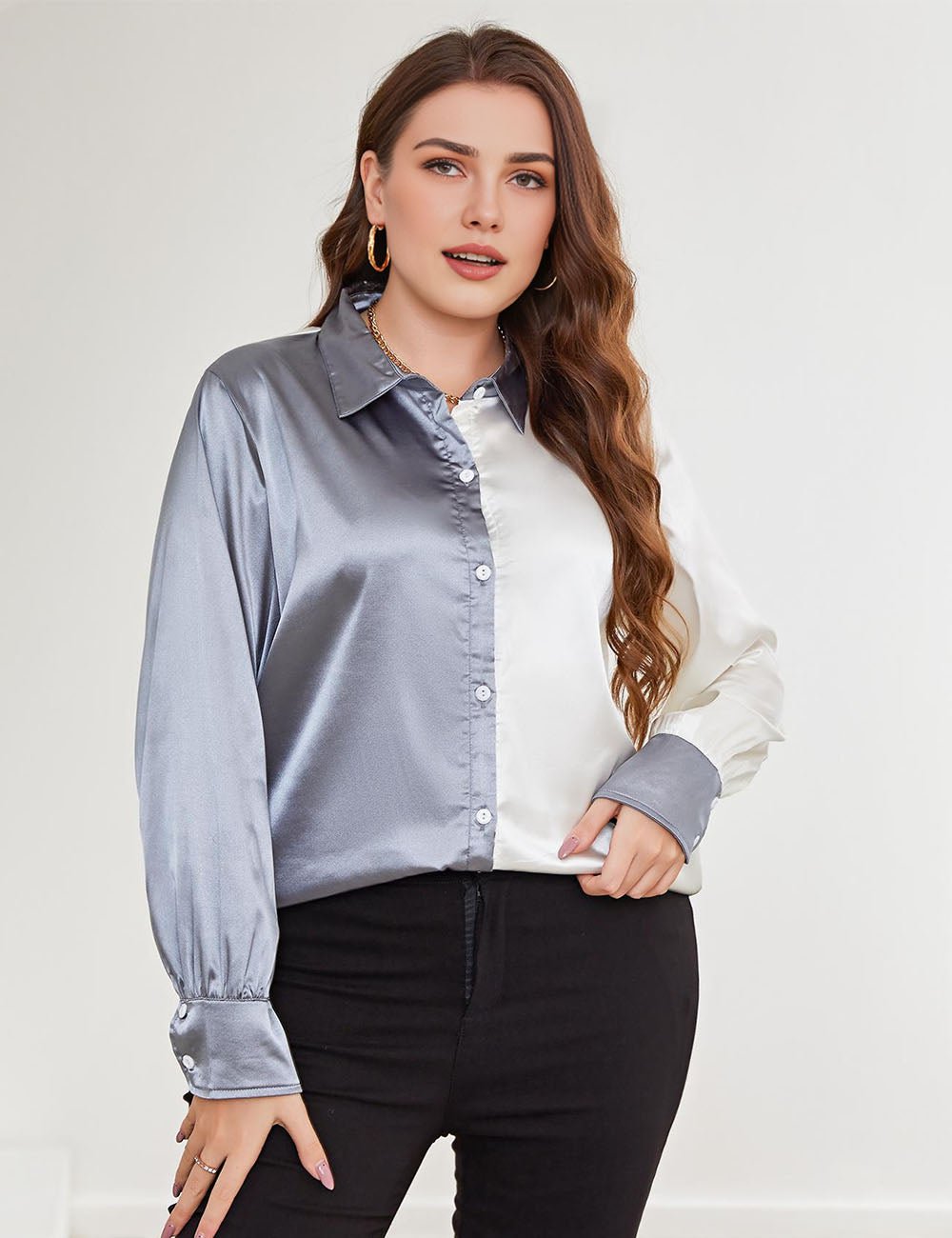 Women Plus Size Two - Tone Long Sleeve Shirt | PRUSES - PRUSES