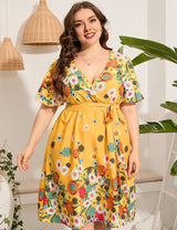 Women Plus Size V - Neck Floral Lace - Up Dress | PRUSES - PRUSES