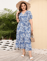 Women Plus Size V - Neck Floral Loose Dress - PRUSES