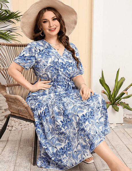 Women Plus Size V - Neck Floral Loose Dress - PRUSES