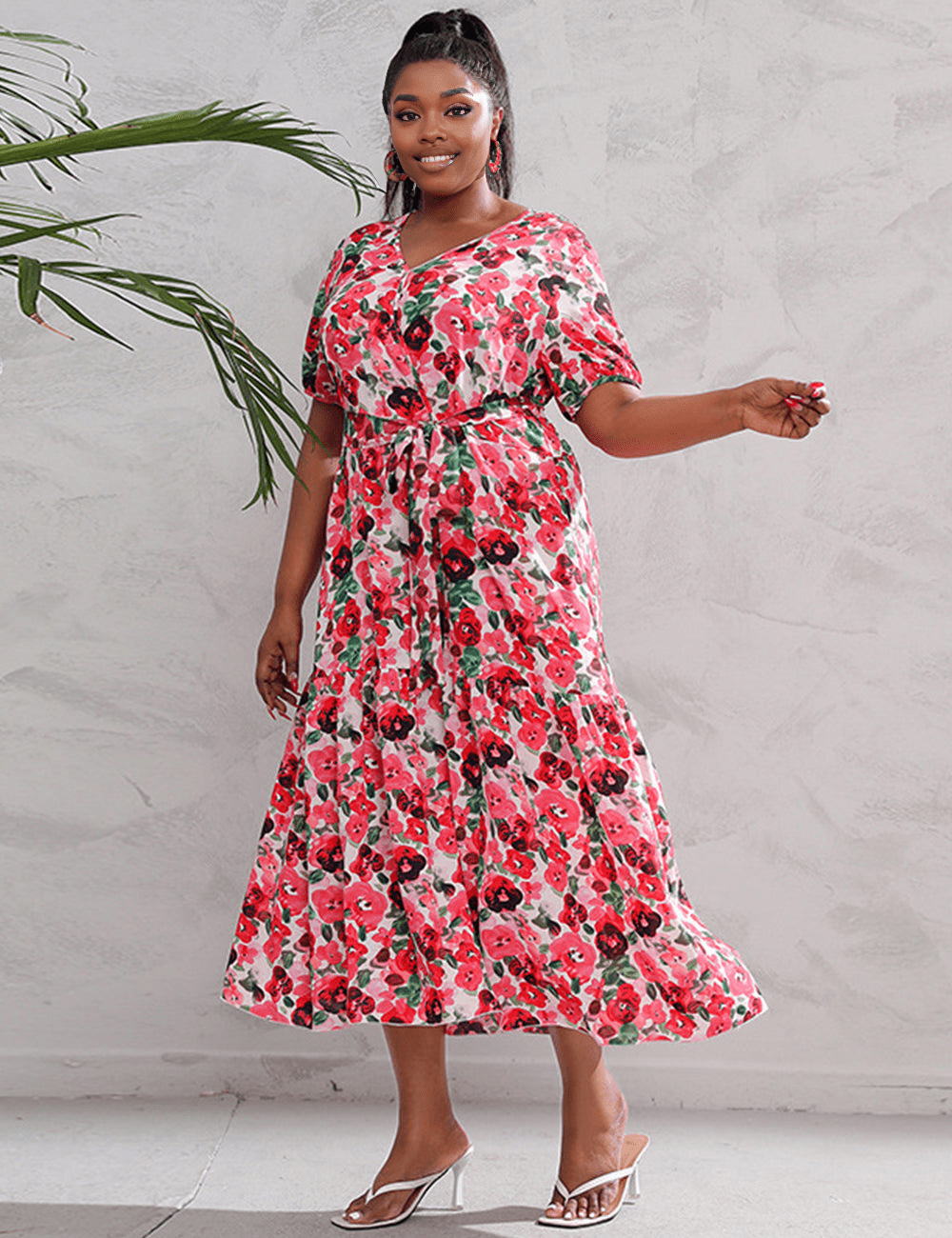 Women Plus Size V - Neck Floral Loose Dress - PRUSES