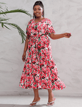 Women Plus Size V - Neck Floral Loose Dress - PRUSES