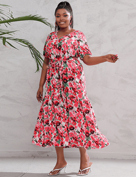 Women Plus Size V - Neck Floral Loose Dress - PRUSES